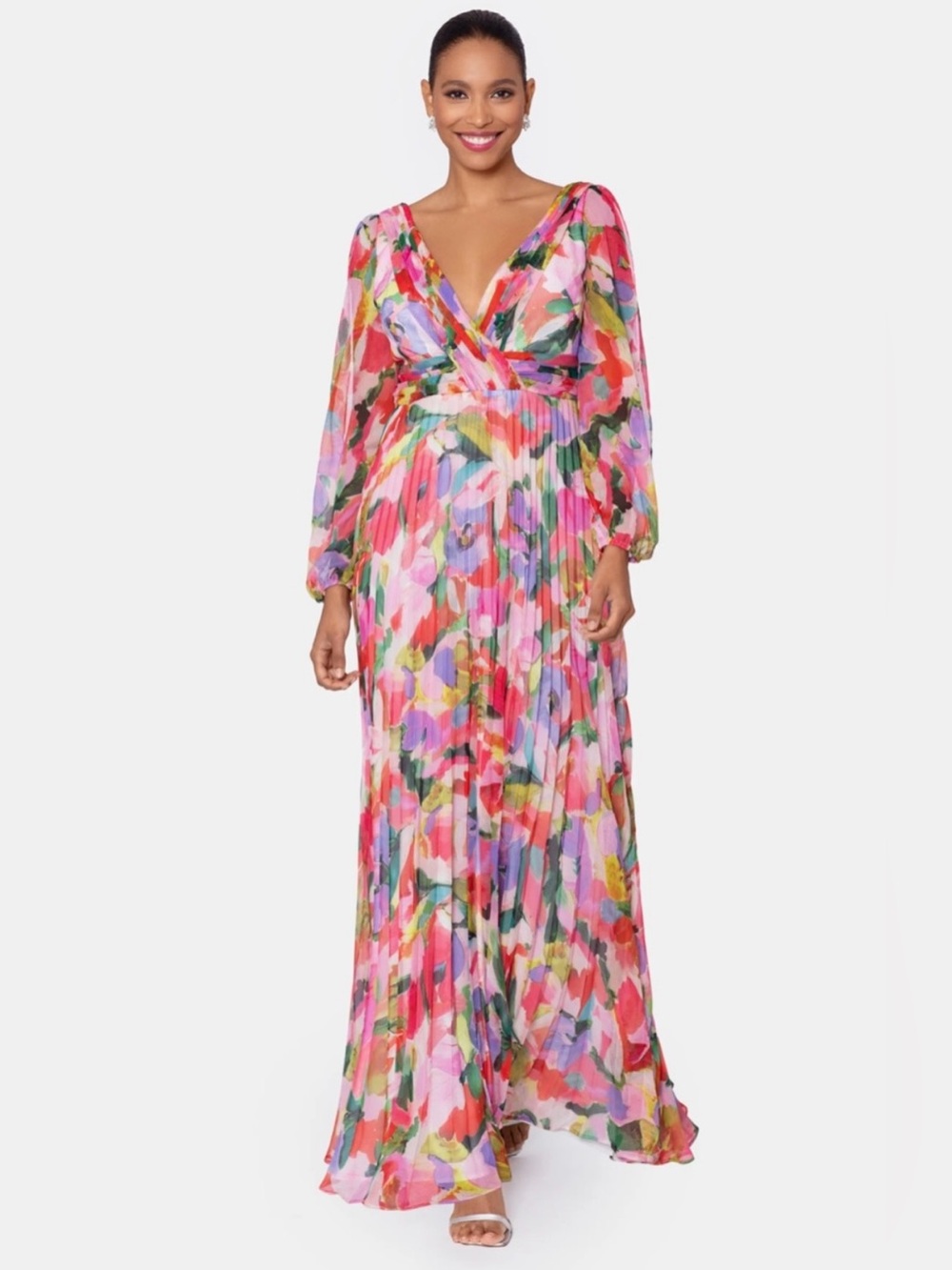 Betsy & Adam floral pleated chiffon multi color v neck maxi dress